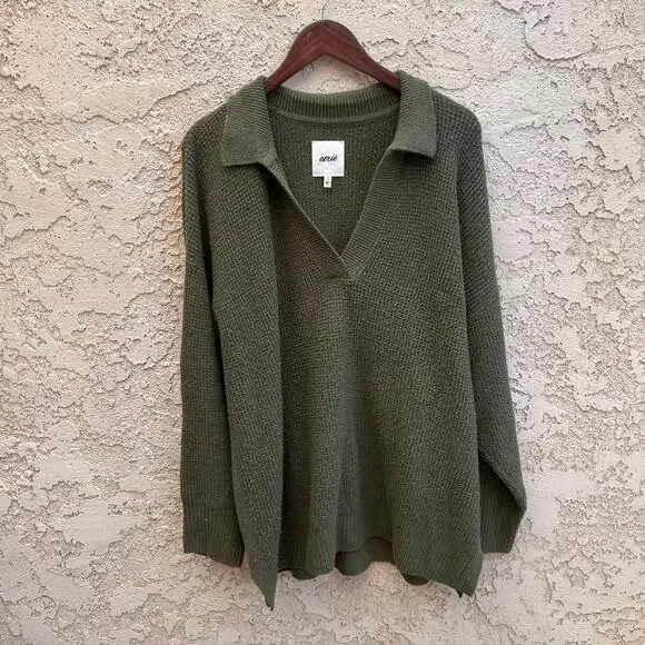 Aerie CozyUp Waffle Knit Polo Sweater Olive Green Size XL - Picture 3 of 7
